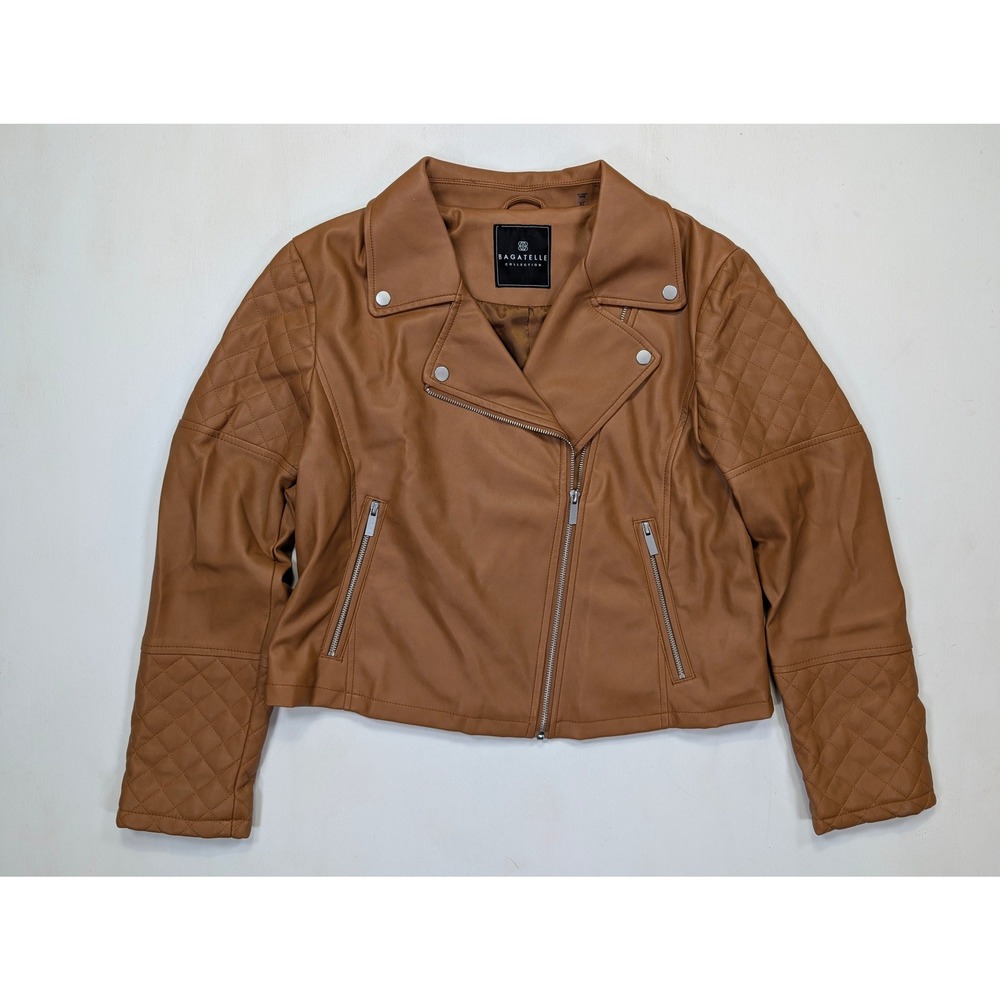 Bagatelle Collection Cognac Brown Faux Leather Quilted Moto Jacket Womens XL